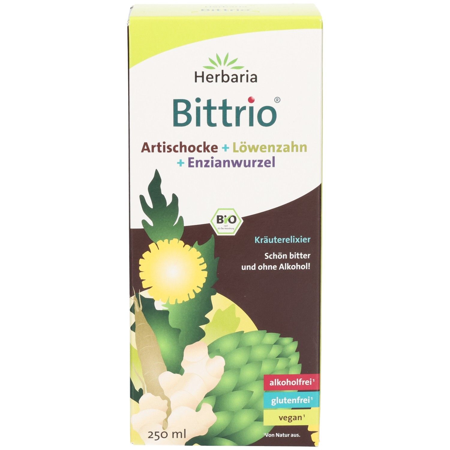 Vorderseite der Herbaria Bittrio Kräuterelixier Verpackung mit Artischocke, Löwenzahn und Enzianwurzel.