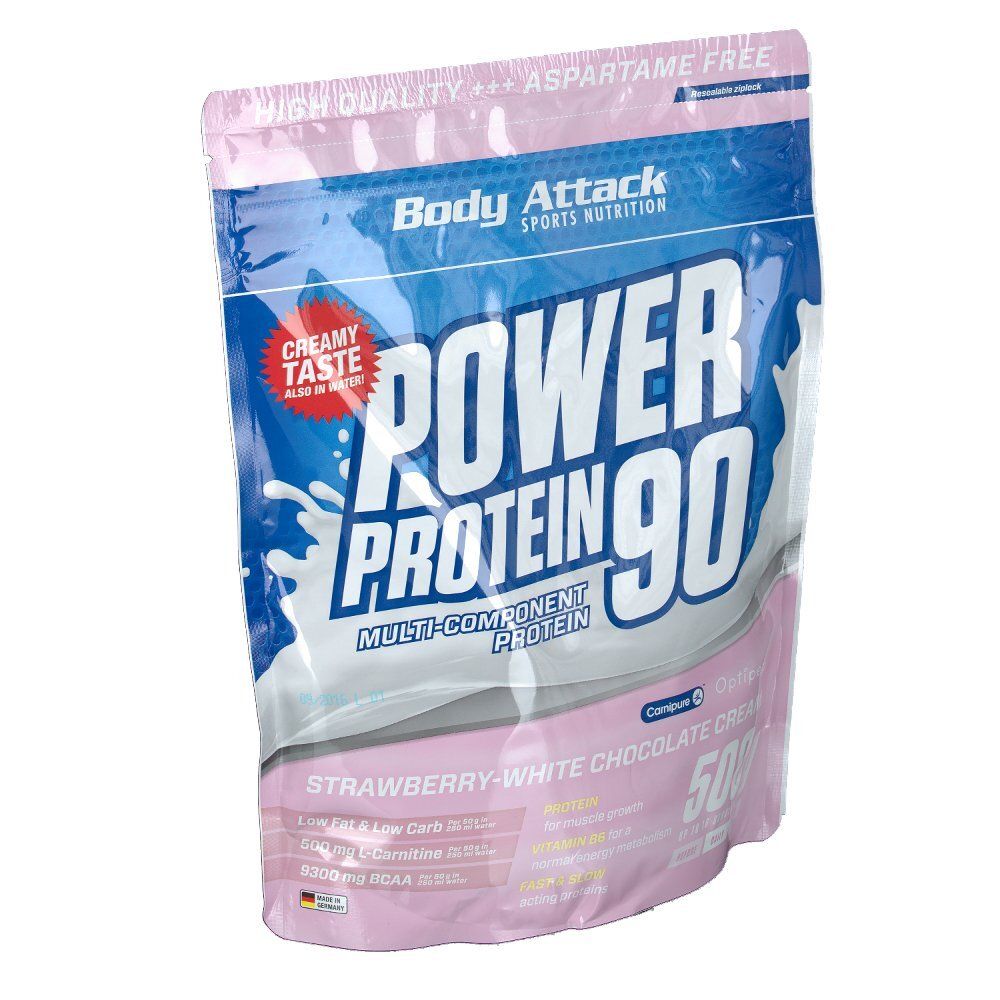 Sachet rose et blanc avec Power Protein 90. Crème chocolat blanc fraise. 500g. Marque Body Attack.