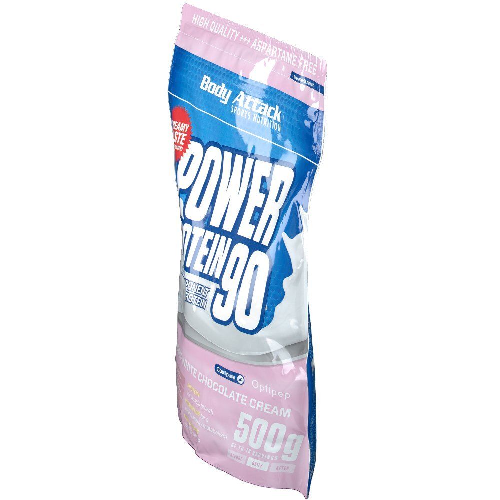 Sachet incliné rose et blanc avec Power Protein 90. Crème chocolat blanc fraise. 500g. Marque Body Attack.