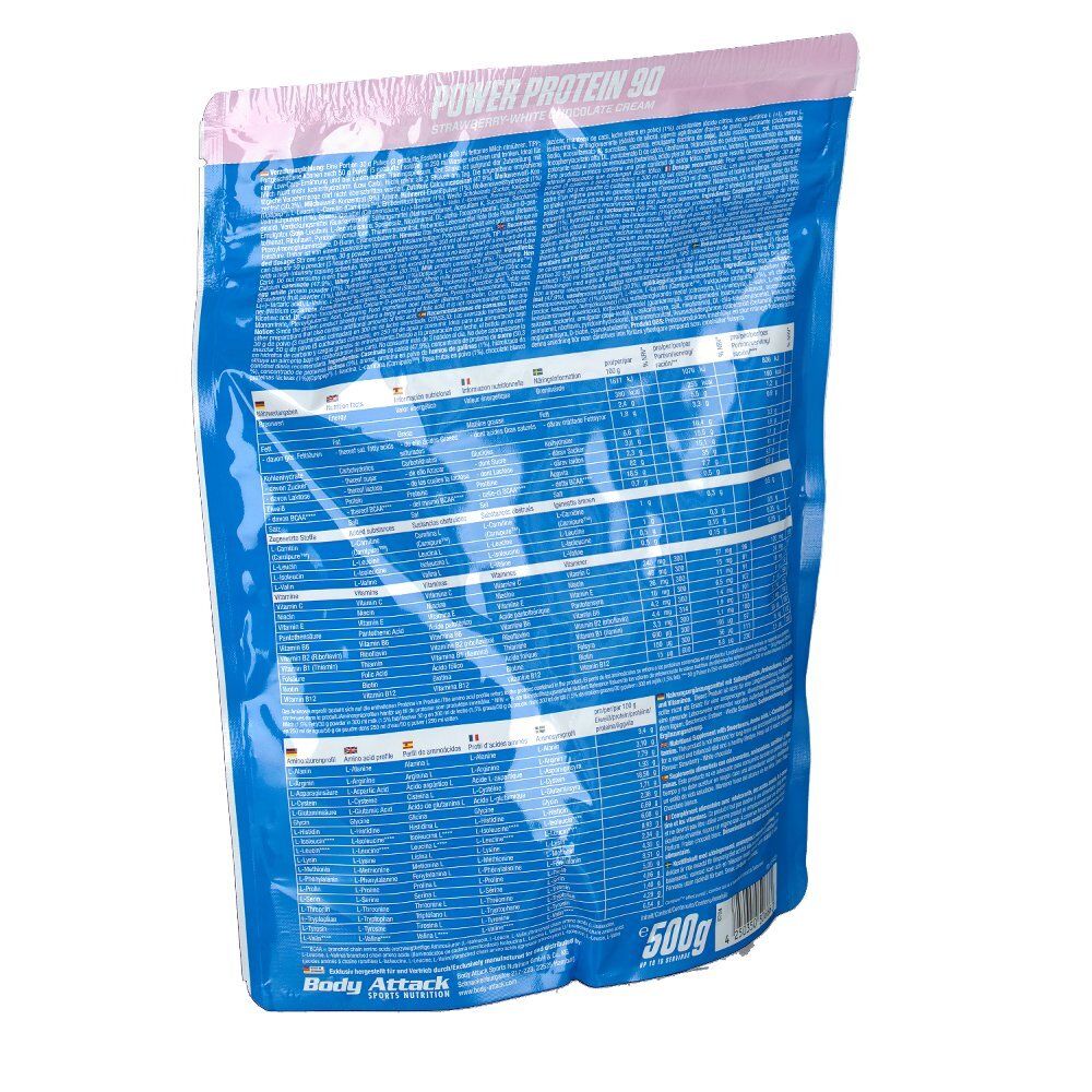 Dos d'un sachet rose et blanc avec Power Protein 90. Zone bleue avec texte et informations nutritionnelles. 500g. Marque Body Attack.