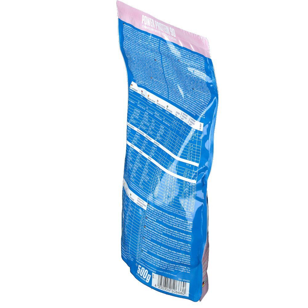 Dos incliné d'un sachet rose et blanc avec Power Protein 90. Zone bleue avec texte et informations nutritionnelles. 500g. Marque Body Attack.