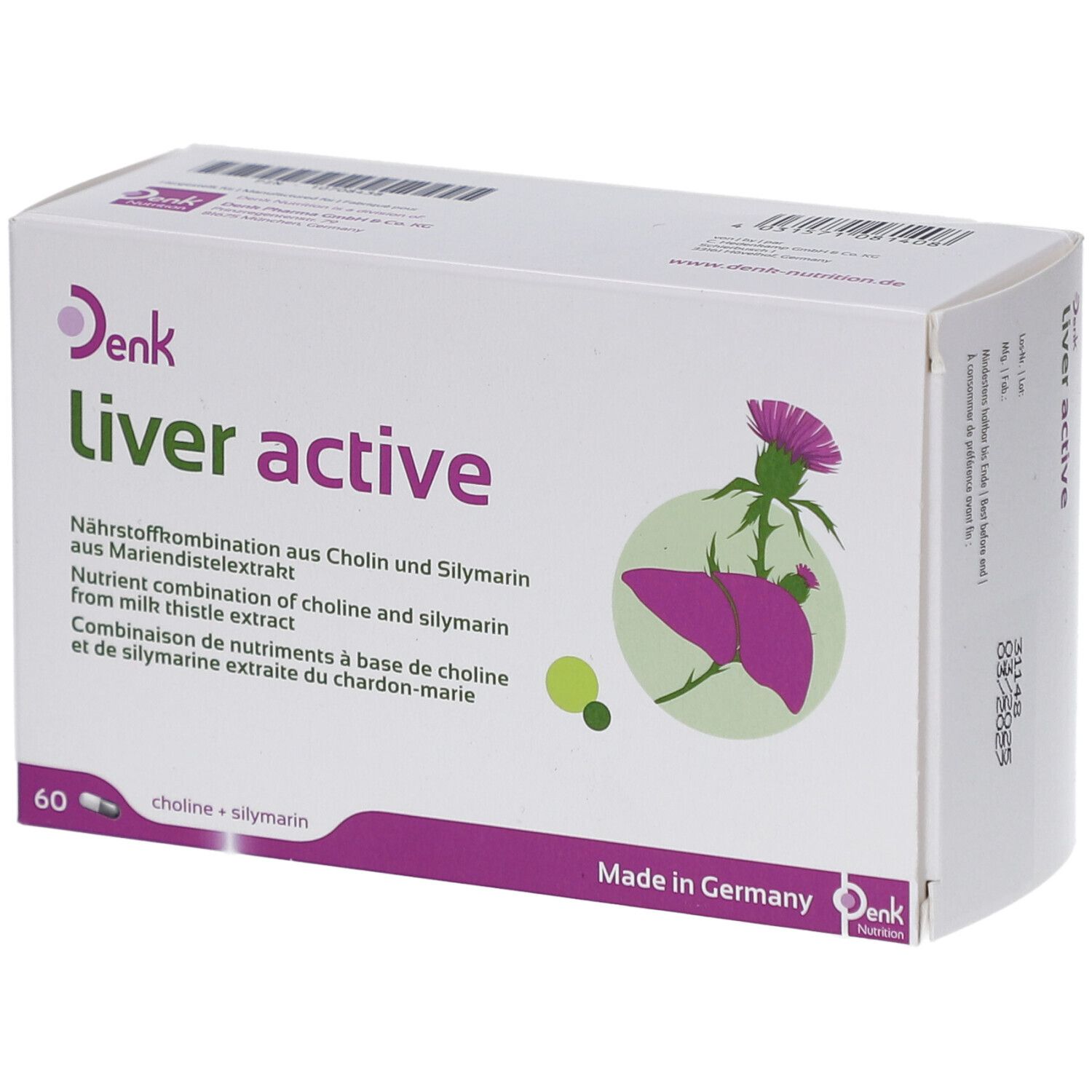 Schachtel mit "Liver active" Kapseln. Enthält 60 Kapseln. Aufdruck: Cholin + Silymarin. Mit Abbildung einer Mariendistel.