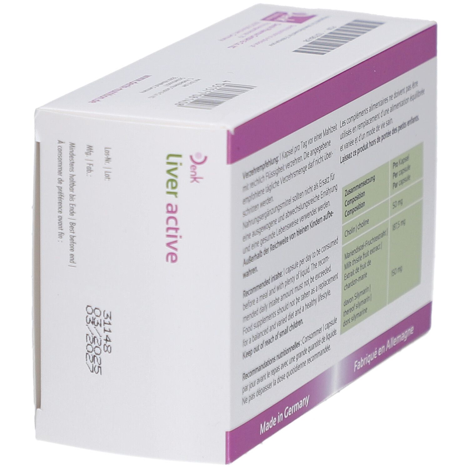 Rückseite der "Liver active" Schachtel. Informationen zur Zusammensetzung und Verzehrempfehlung. Hergestellt in Deutschland. Haltbarkeitsdatum.