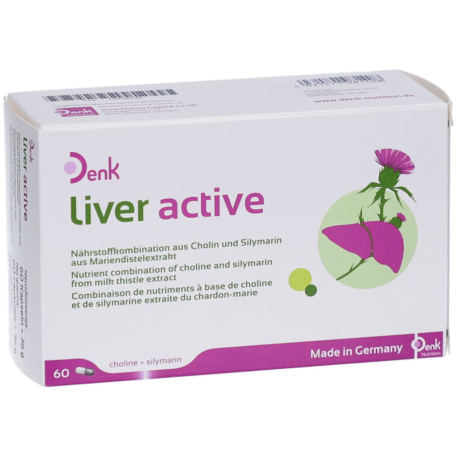 Schachtel "Liver active" mit 60 Kapseln. Aufdruck: Cholin + Silymarin. Mit Mariendistel-Illustration. Hergestellt in Deutschland.