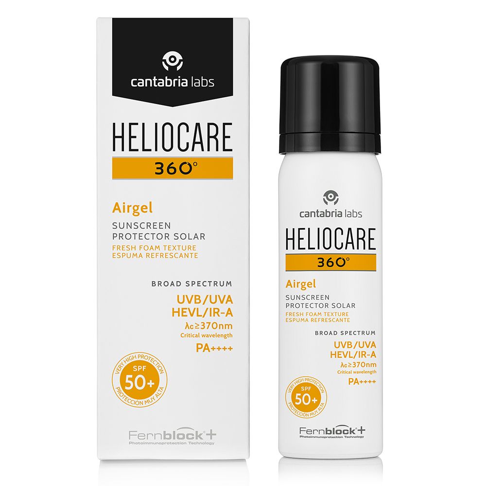 HELIOCARE 360° Airgel blanc avec accents jaunes et bouchon noir. Logo SPF 50. Boîte avec informations produit.