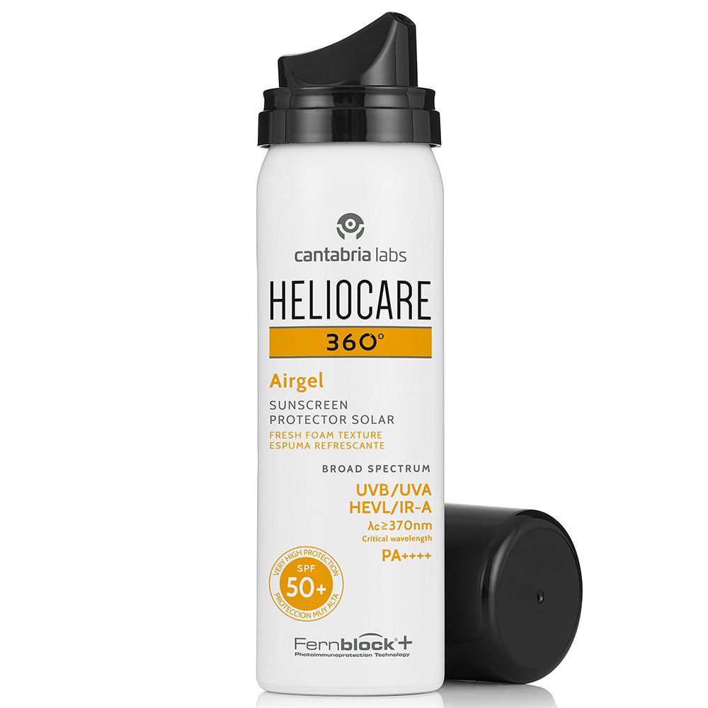 HELIOCARE 360° Airgel blanc avec bouchon noir. Accents jaunes et logo SPF 50. Bouchon à côté.