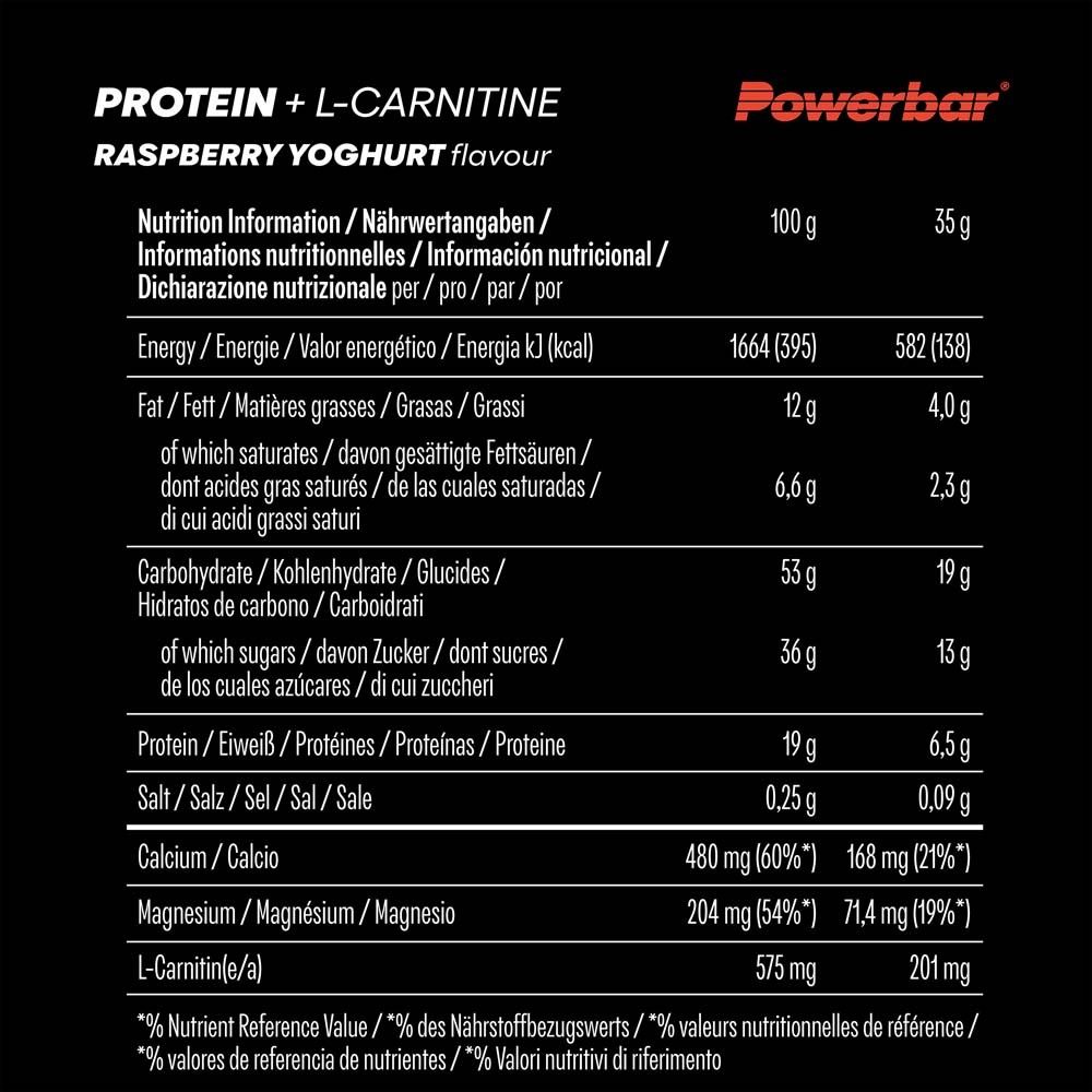 Nährwerttabelle für Powerbar Protein Plus L-Carnitin Riegel. Angaben zu Energie, Fett, Kohlenhydraten, Eiweiß, Salz, Calcium, Magnesium, L-Carnitin.