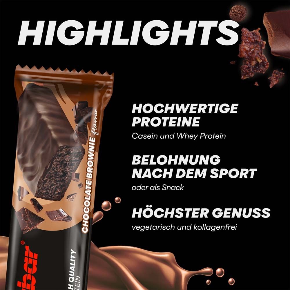 Powerbar PROTEIN+ LOW SUGAR CHOCOLATE BROWNIE. Text: 'HOCHWERTIGE PROTEINE', 'BELOHNUNG NACH DEM SPORT', 'HÖCHSTER GENUSS'.