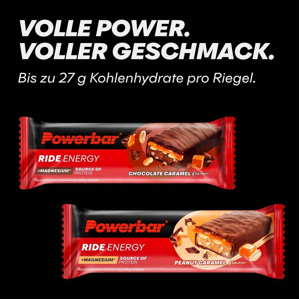 Deux barres PowerBar Ride Energy. Chocolat caramel et cacahuète caramel. Jusqu'à 27g glucides par barre. Fond noir.