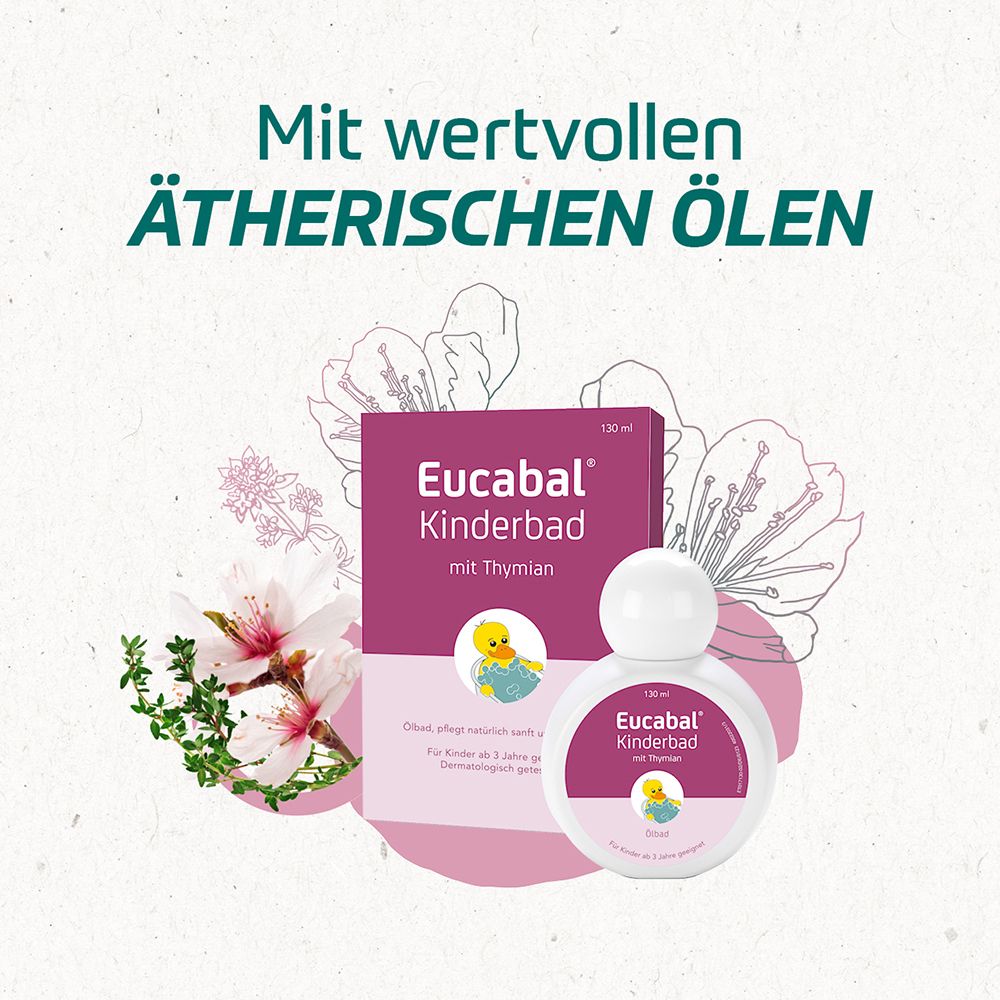 Eucabal Kinderbad mit Thymian. Flasche und Verpackung. Text: Ätherische Öle. Blüten und Produkt.