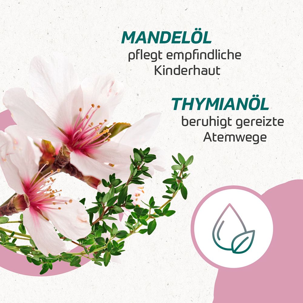 Mandelöl und Thymianöl. Text: Pflegt empfindliche Kinderhaut, beruhigt Atemwege. Tropfensymbol.