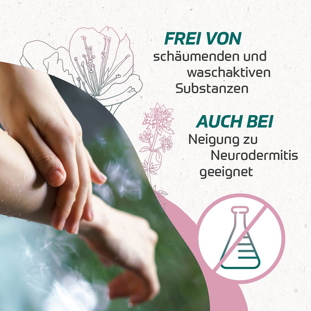 Text: Frei von schäumenden Substanzen. Auch bei Neurodermitis geeignet. Kein Chemielabor-Symbol.