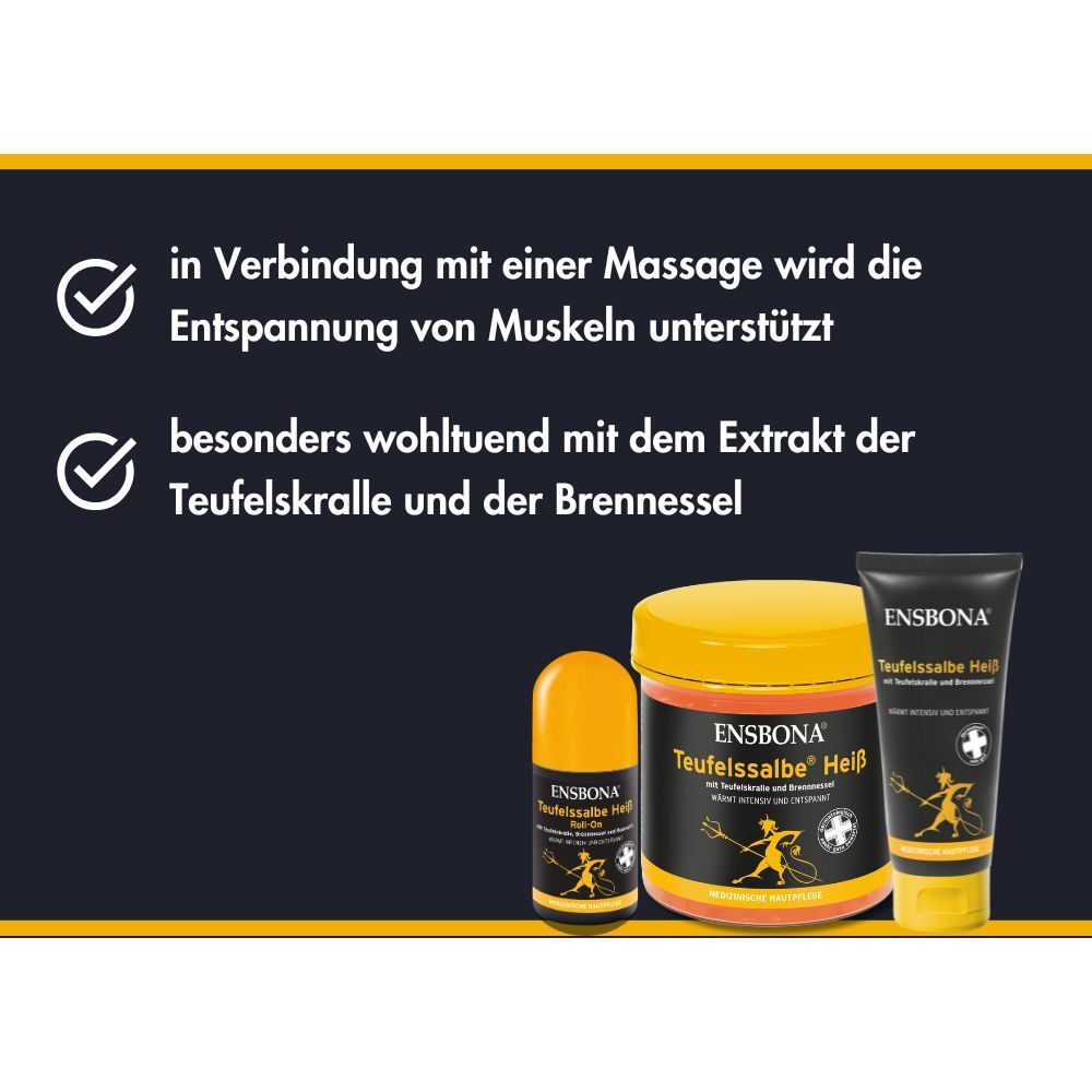 Ensbona Teufelssalbe Heiß Produkte: Dose, Roll-on und Tube. Mit Teufelskralle und Brennnessel.