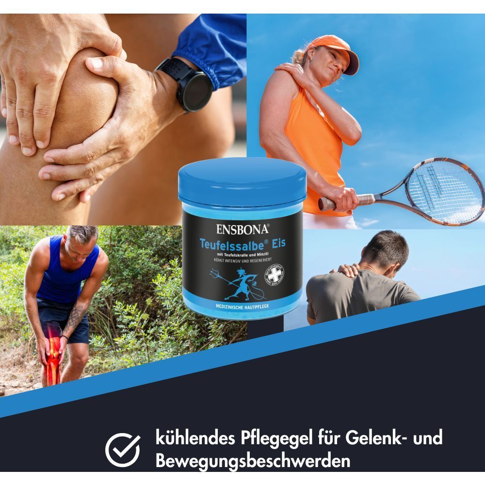Collage mit ENSBONA Teufelssalbe Eis Tiegel. Zeigt Knie-, Schulter- und Nackenschmerzen, Tennisspielerin.