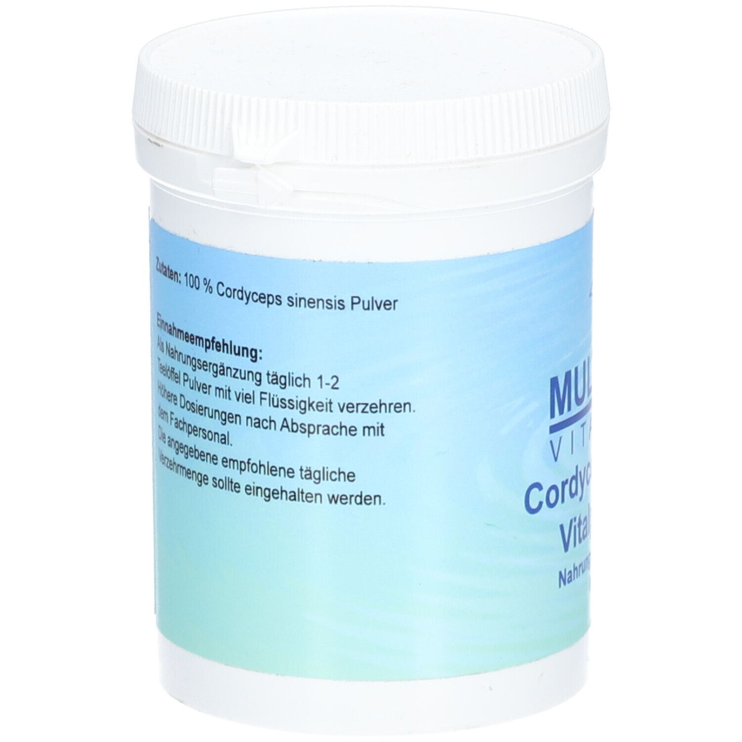 Weißer Behälter mit blauem Etikett. Text: 100% Cordyceps sinensis Pulver. Einnahmeempfehlung. Rückseite.