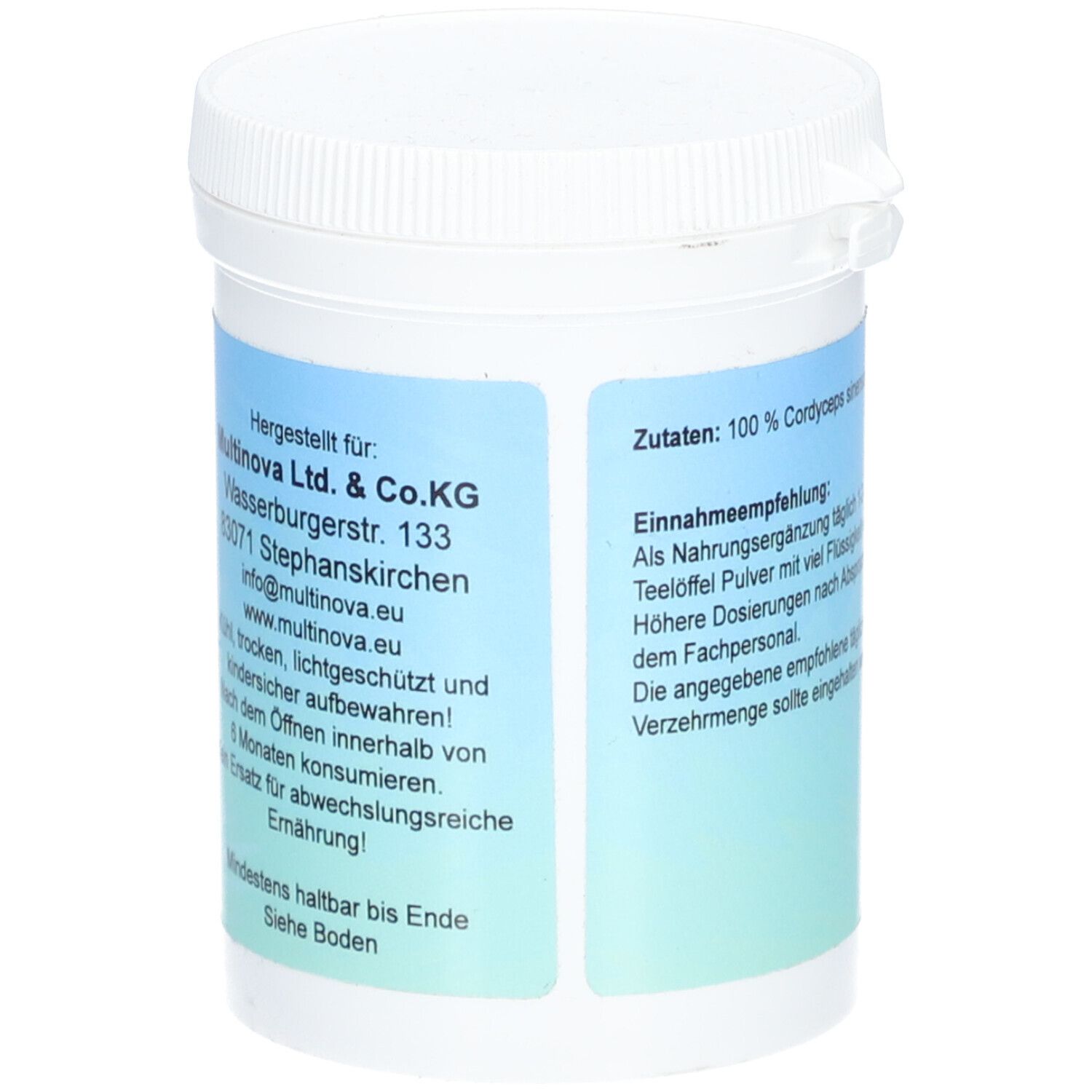 Weißer Behälter mit blauem Etikett. Text: Multinova Ltd. & Co.KG, Adresse, Website. Mindestens haltbar bis Ende. Rückseite.