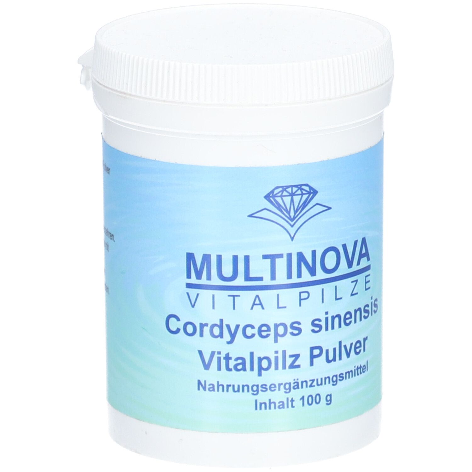 Weißer Behälter mit blauem Etikett. Aufschrift: Multinova Vitalpilze Cordyceps sinensis Vitalpilz Pulver. Inhalt 100 g.