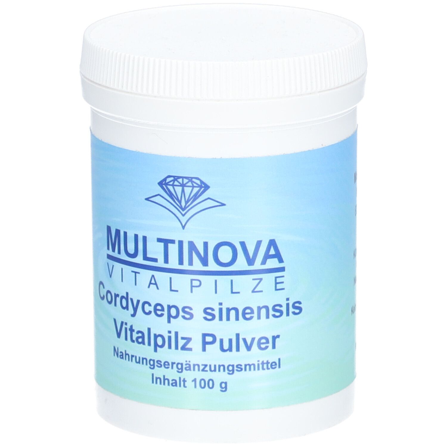 Weißer Behälter mit blauem Etikett. Aufschrift: Multinova Vitalpilze Cordyceps sinensis Vitalpilz Pulver. Inhalt 100 g.