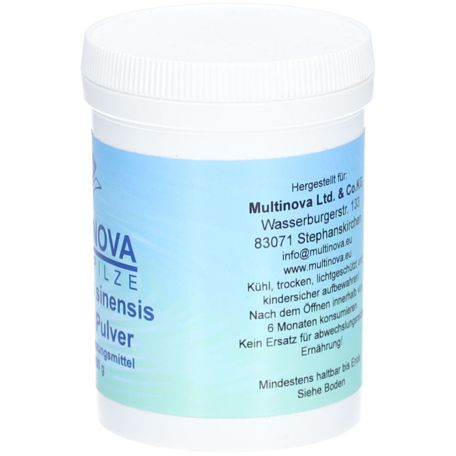 Weißer Behälter mit blauem Etikett. Text: Multinova Ltd. & Co.KG, Adresse, Website. Mindestens haltbar bis Ende. Rückseite.