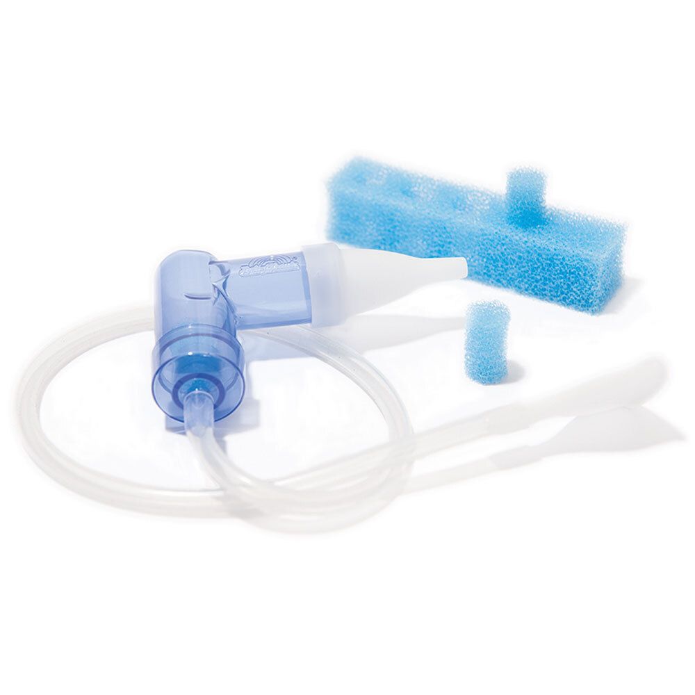 Nasensekretabsauger mit blauen und weißen Komponenten. Enthält einen Filter und einen Schlauch.