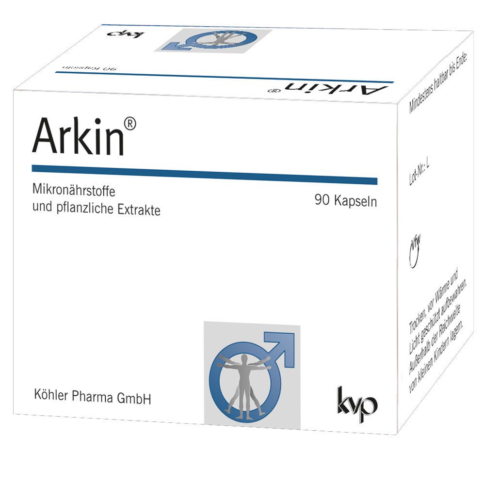 Boîte blanche avec logo "Arkin", 90 gélules, micronutriments et extraits végétaux. Logo avec figure masculine.