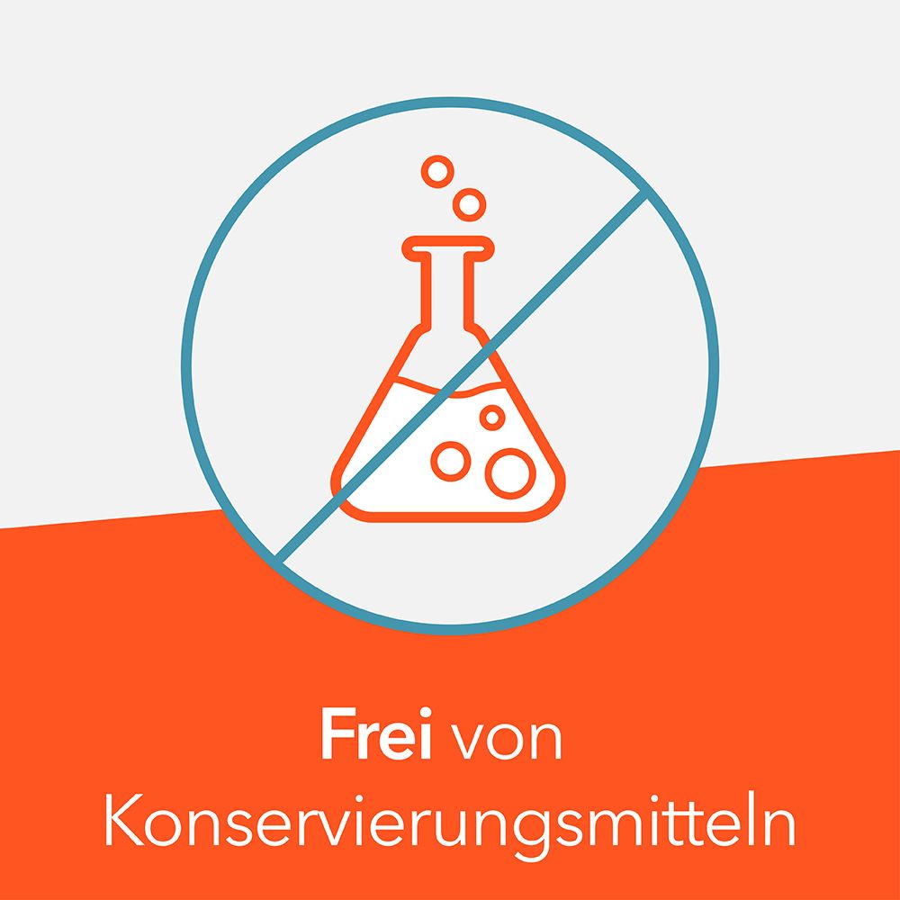 Icône avec éprouvette barrée. Texte : Sans conservateurs.