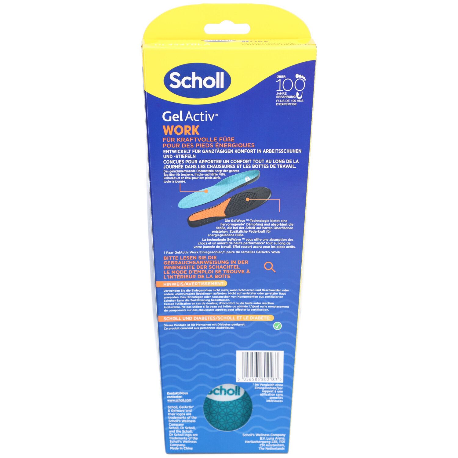 Dos de l'emballage Scholl GelActiv Work. Texte et illustrations. Emballage jaune et bleu. Image du produit en bas.
