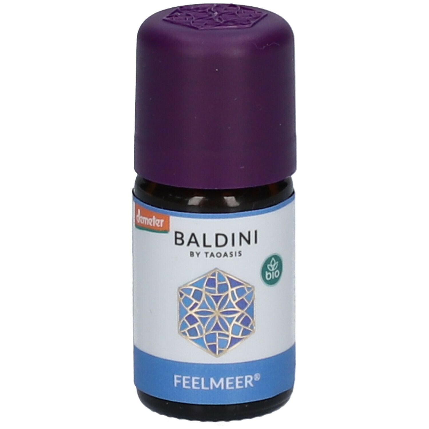 Flacon en verre brun avec bouchon violet. Étiquette avec Baldini by Taoasis, label bio et inscription Feelmeer.