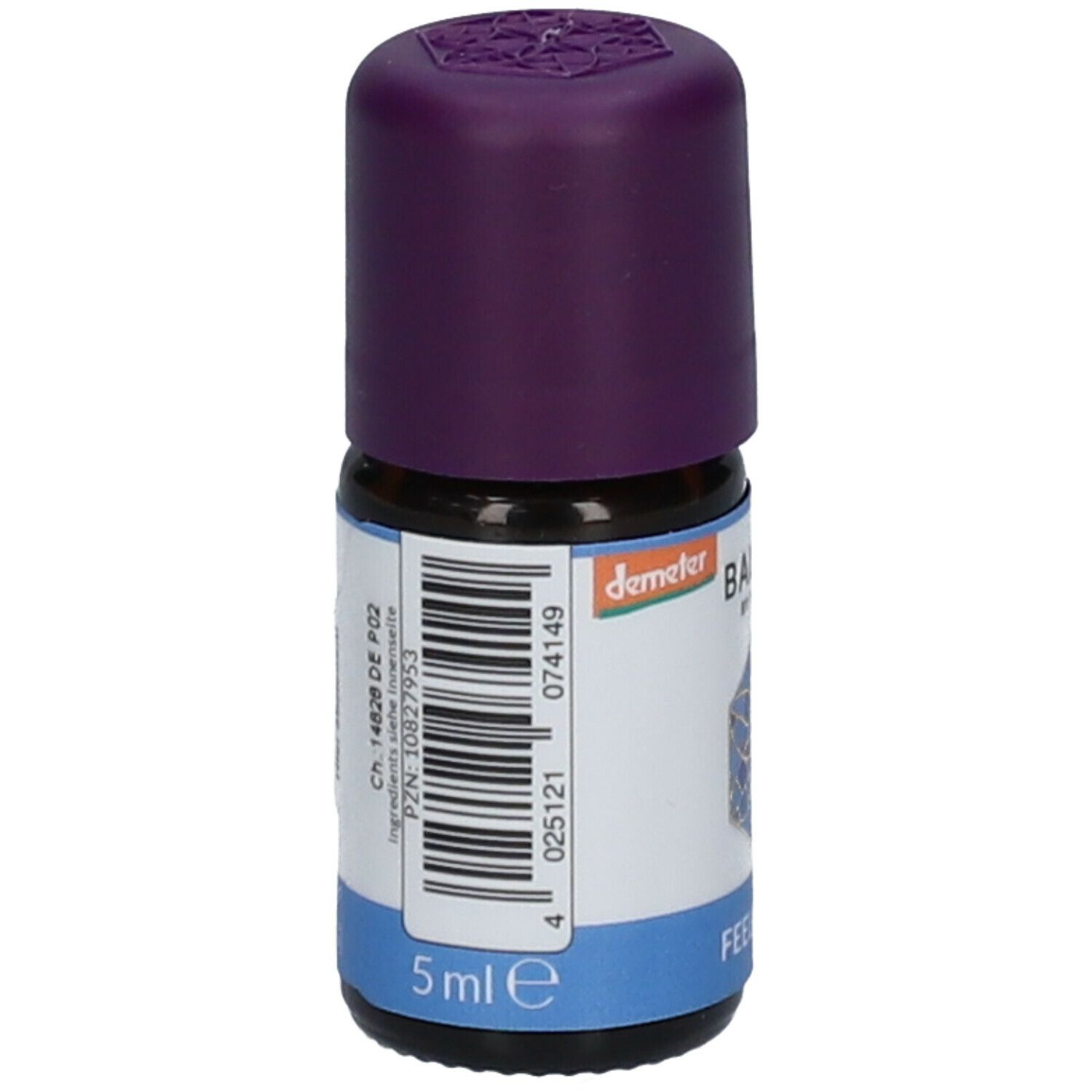 Flacon en verre brun avec bouchon violet. Étiquette avec informations produit et indication 5 ml.