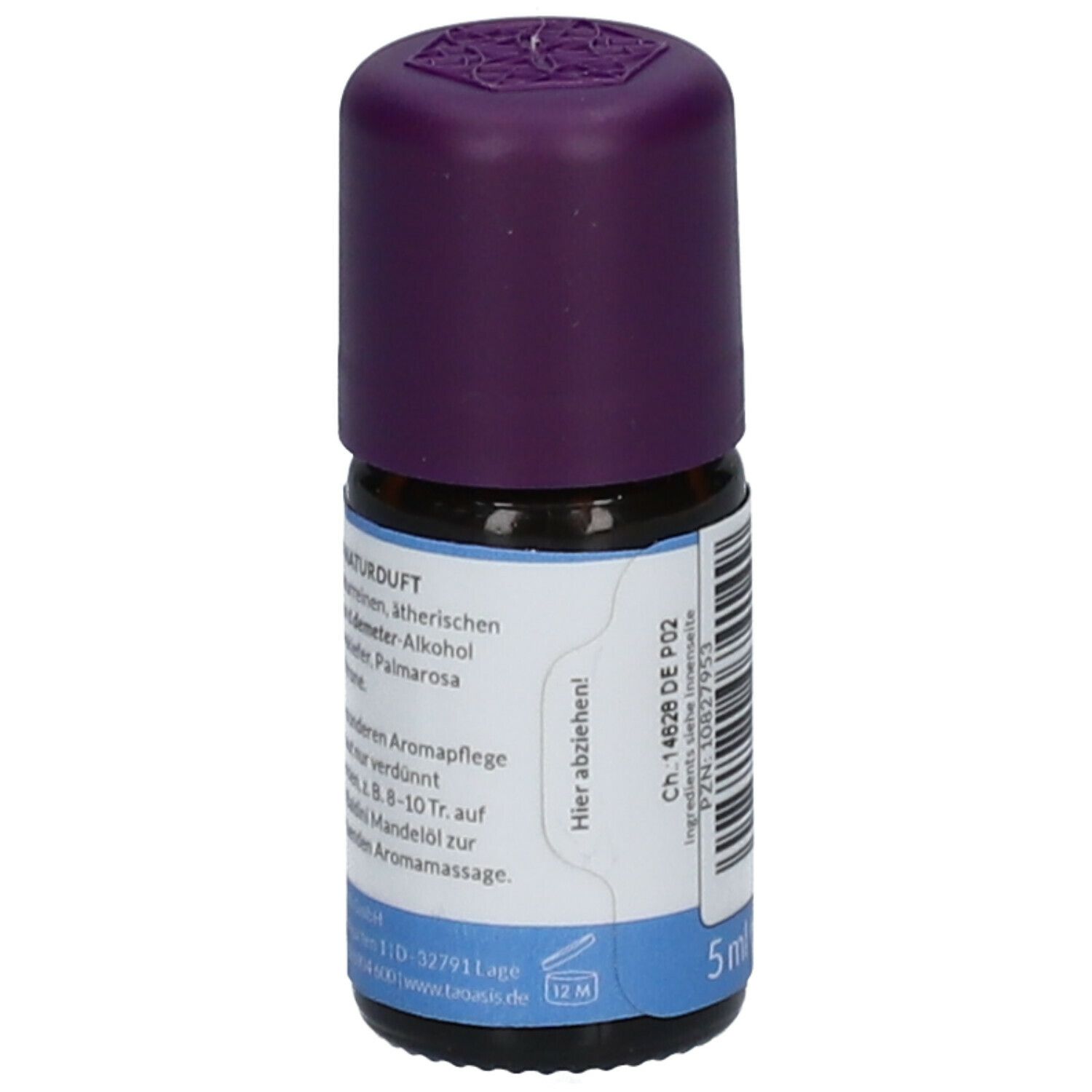 Flacon en verre brun avec bouchon violet. Étiquette avec informations produit, texte et indication 5 ml.