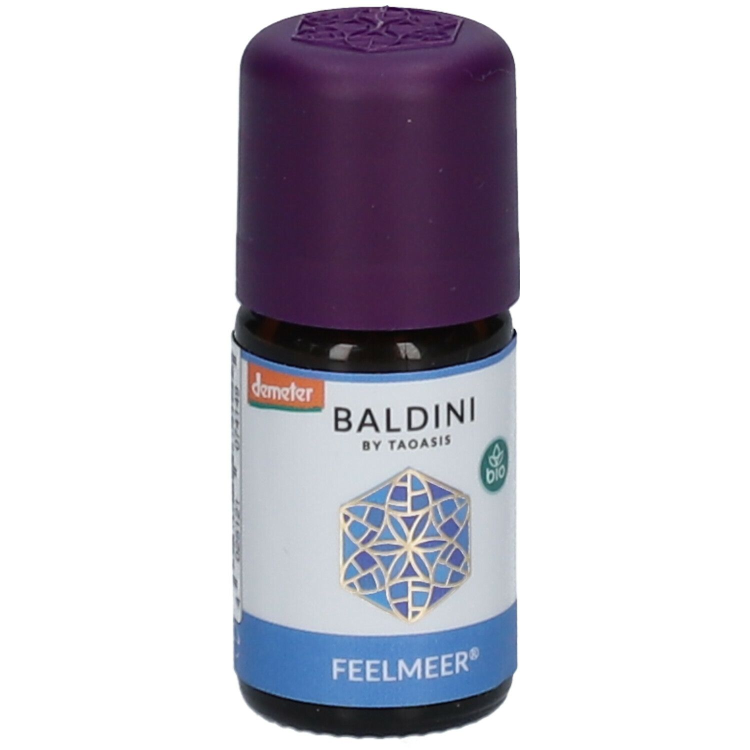 Flacon en verre brun avec bouchon violet. Étiquette avec Baldini by Taoasis, label bio et inscription Feelmeer.