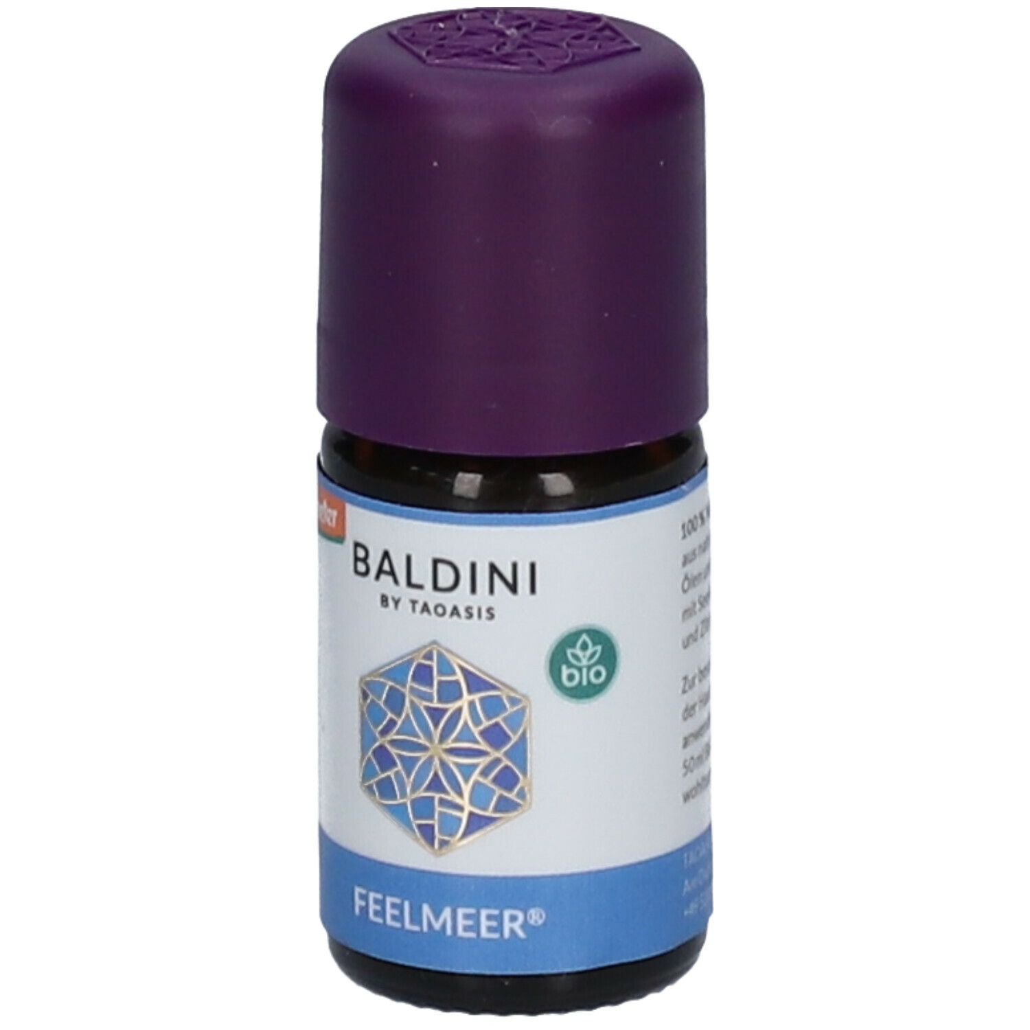 Flacon en verre brun avec bouchon violet. Étiquette avec Baldini by Taoasis, label bio et inscription Feelmeer.