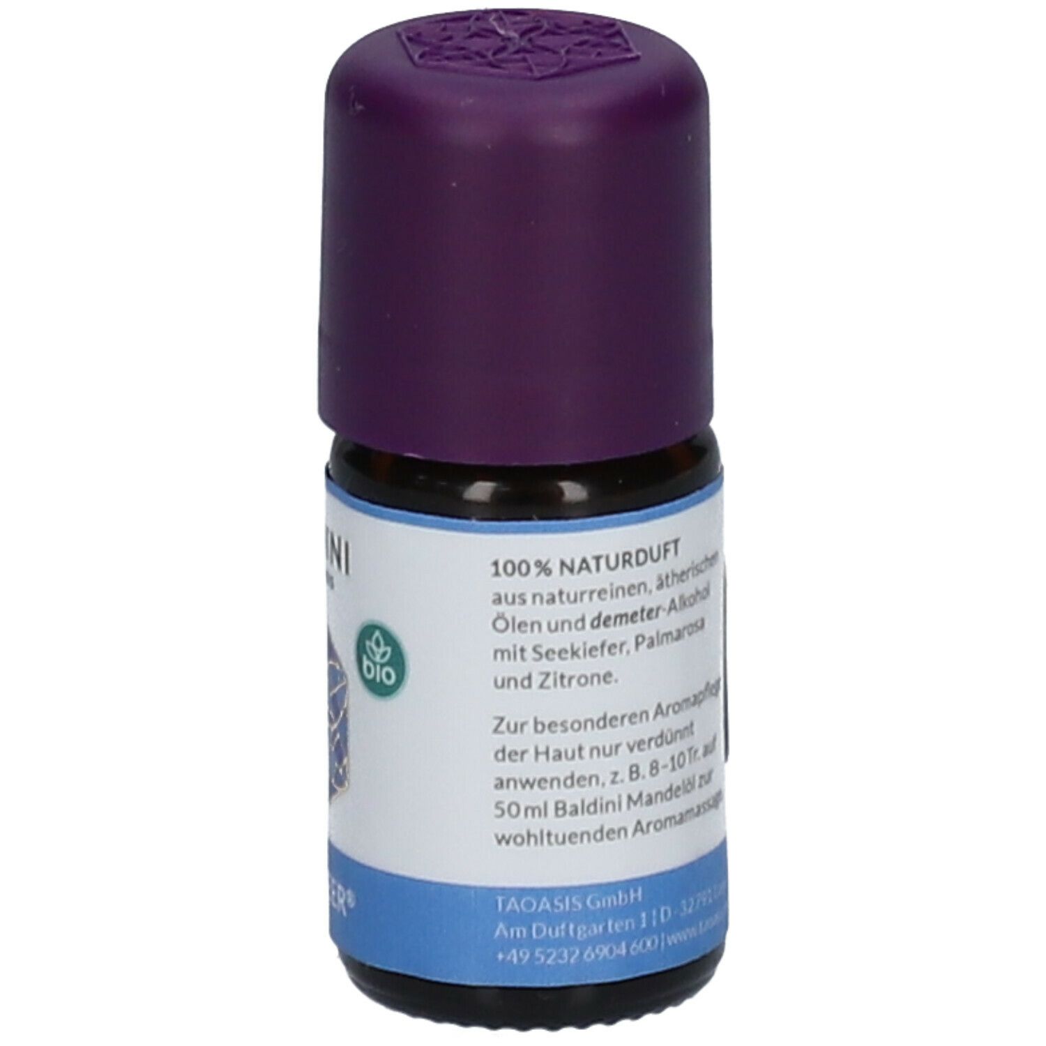 Flacon en verre brun avec bouchon violet. Étiquette avec informations produit et texte.