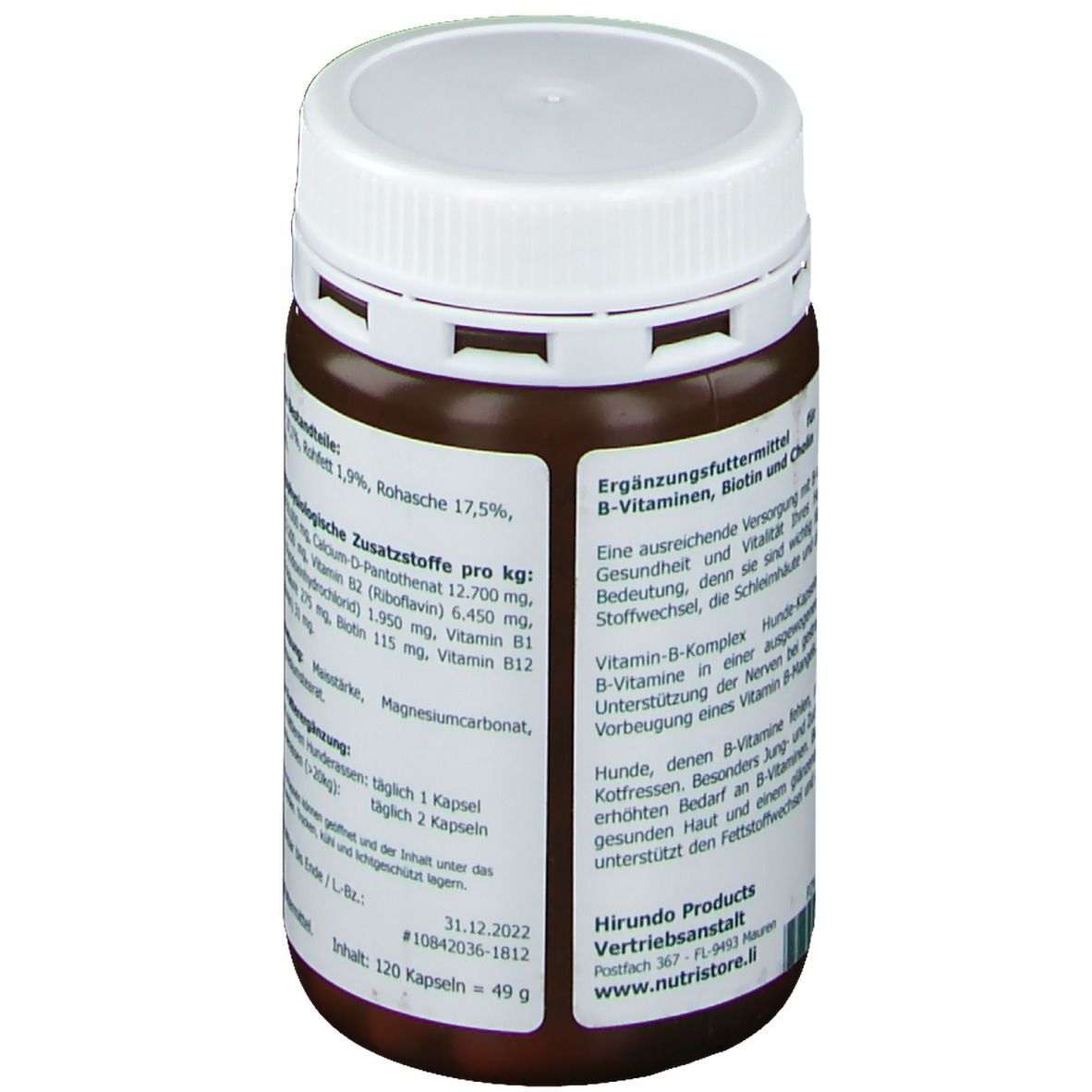 Braune Dose mit weißem Deckel. Aufschrift: Vitamin-B-Komplex Hunde-Kapseln. Rückseite mit Inhaltsangaben und Verfallsdatum.