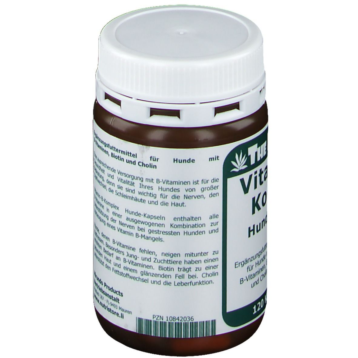 Braune Dose mit weißem Deckel. Aufschrift: Vitamin-B-Komplex Hunde-Kapseln. Text über die Vorteile für Hunde.