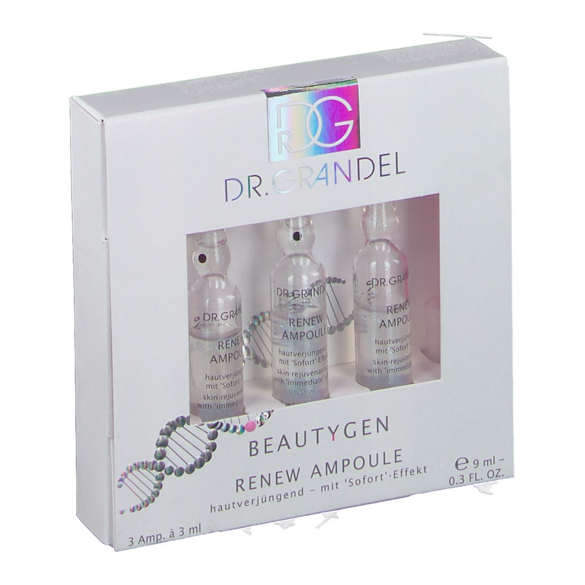 Weißer Karton mit drei Ampullen. Sichtbar: "DR. GRANDEL", "BEAUTYGEN RENEW AMPOULE".