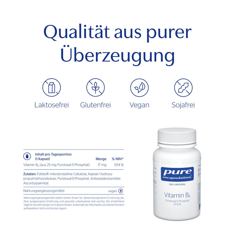 Produkt mit Qualitätssiegeln: laktosefrei, glutenfrei, vegan, sojafrei. Flasche mit Vitamin B6. Text: pure encapsulations.