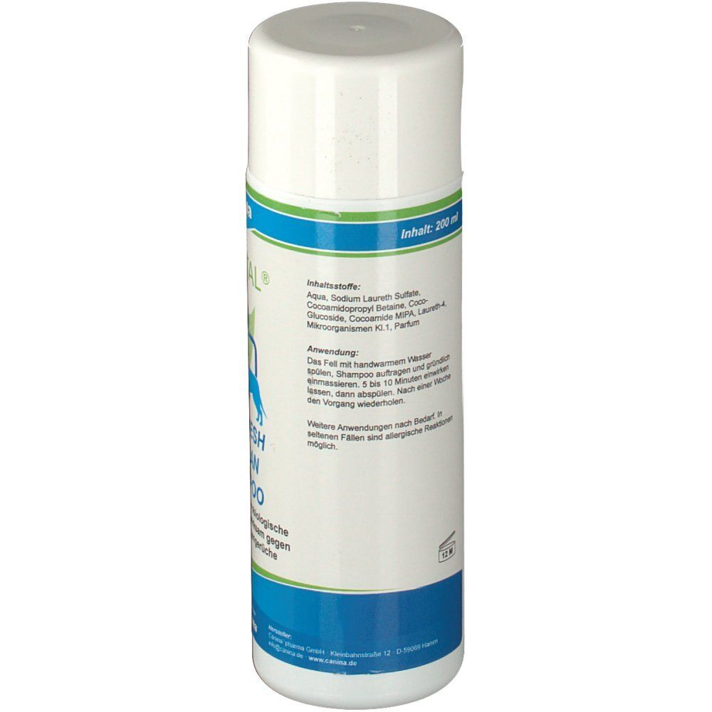 Rückseite der weißen Flasche. Text: Inhaltsstoffe, Anwendung. Blaue und grüne Banderole. Inhalt: 200 ml.