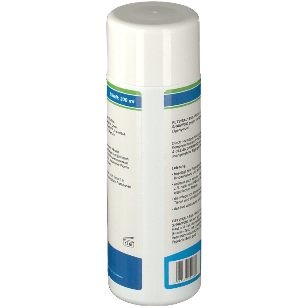 Rückseite der weißen Flasche. Text: PETVITAL BIO-FRESH & CLEAN Shampoo. Blaue und grüne Banderole. Inhalt: 200 ml.