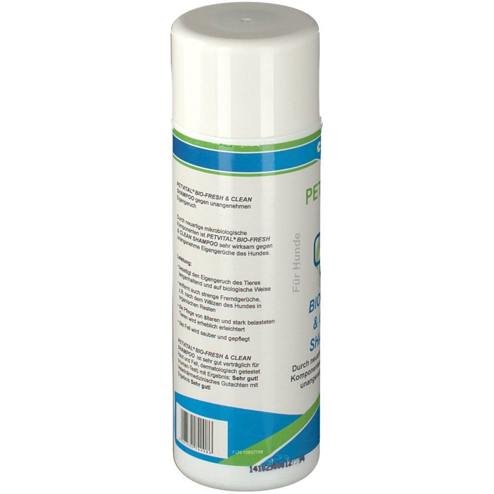 Weiße Flasche, schräg. Text: PETVITAL BIO-FRESH & CLEAN Shampoo. Blaue und grüne Banderole. Logo: Hund im Kreuz.