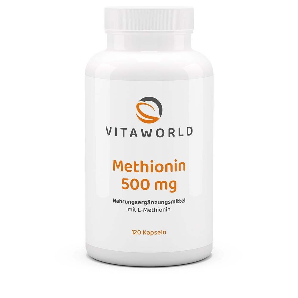 Flacon blanc avec capsules. Inscription: Methionin 500 mg, VitaWorld. Complément alimentaire. 120 capsules.