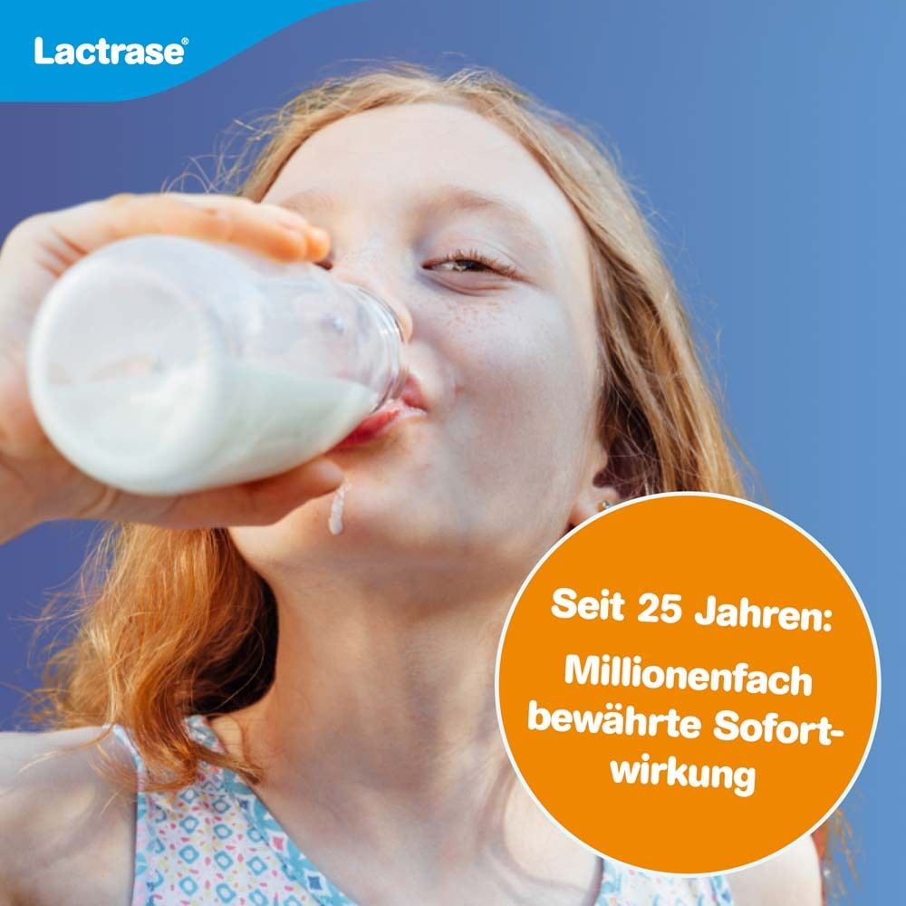 Mädchen trinkt Milch aus einer Flasche. Lactrase-Logo. Text: Seit 25 Jahren: Millionenfach bewährte Sofortwirkung.