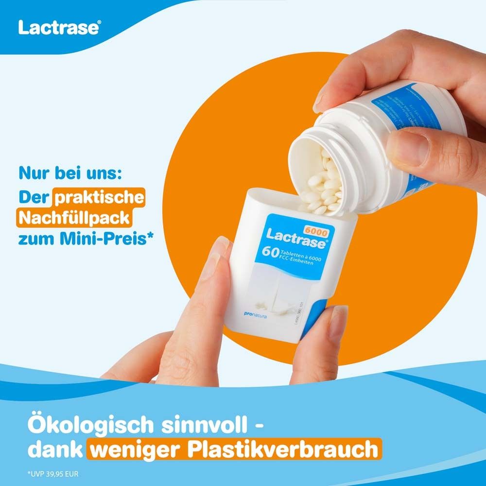 Hand füllt Tabletten in einen weißen Tablettenspender. Aufschrift: Lactrase® 6000. Text: Nachfüllpack zum Mini-Preis.