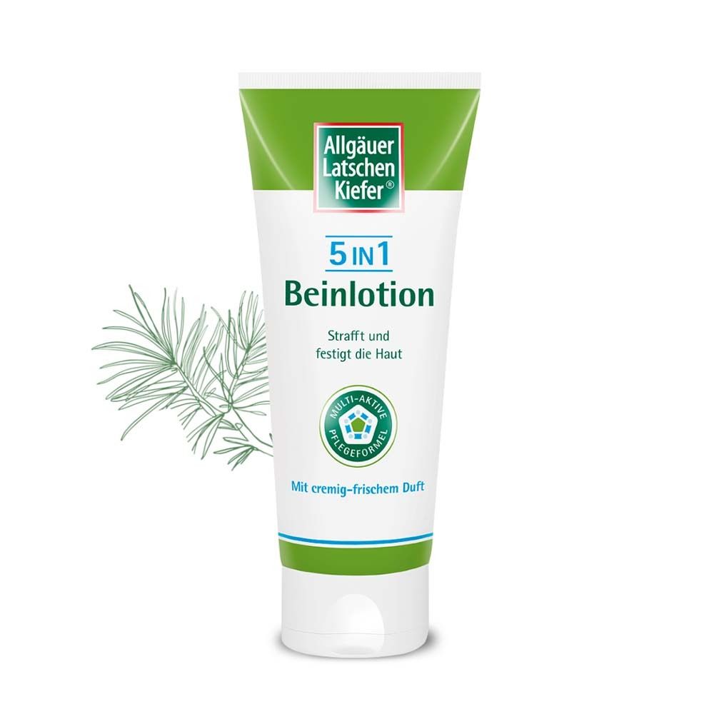 Tube blanc avec bouchon vert et texte. Nom du produit: 5 en 1 Beinlotion. Logo: Allgäuer Latschenkiefer. Branche.