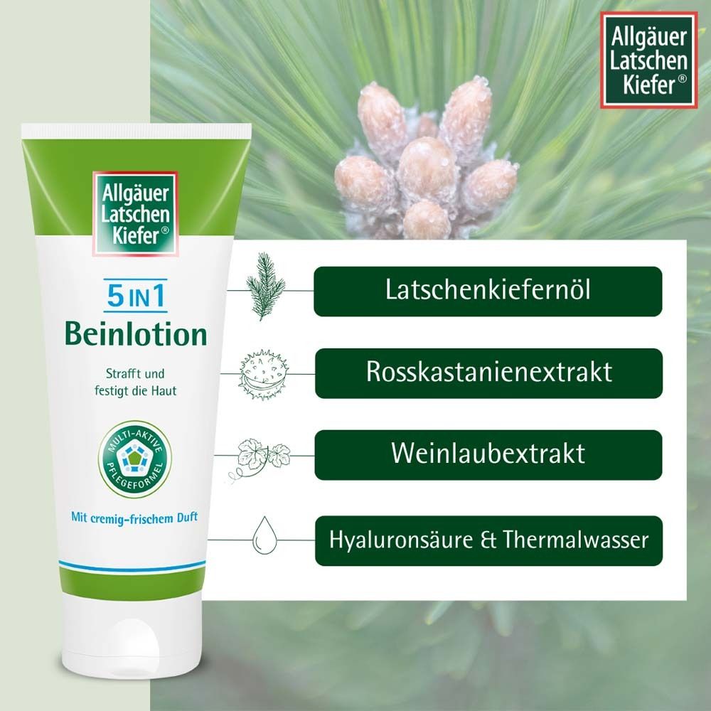 Tube et icônes avec ingrédients. Logo: Allgäuer Latschenkiefer. Texte: 5 en 1 Beinlotion. Icônes: Huile de pin, extrait de marronnier, etc.