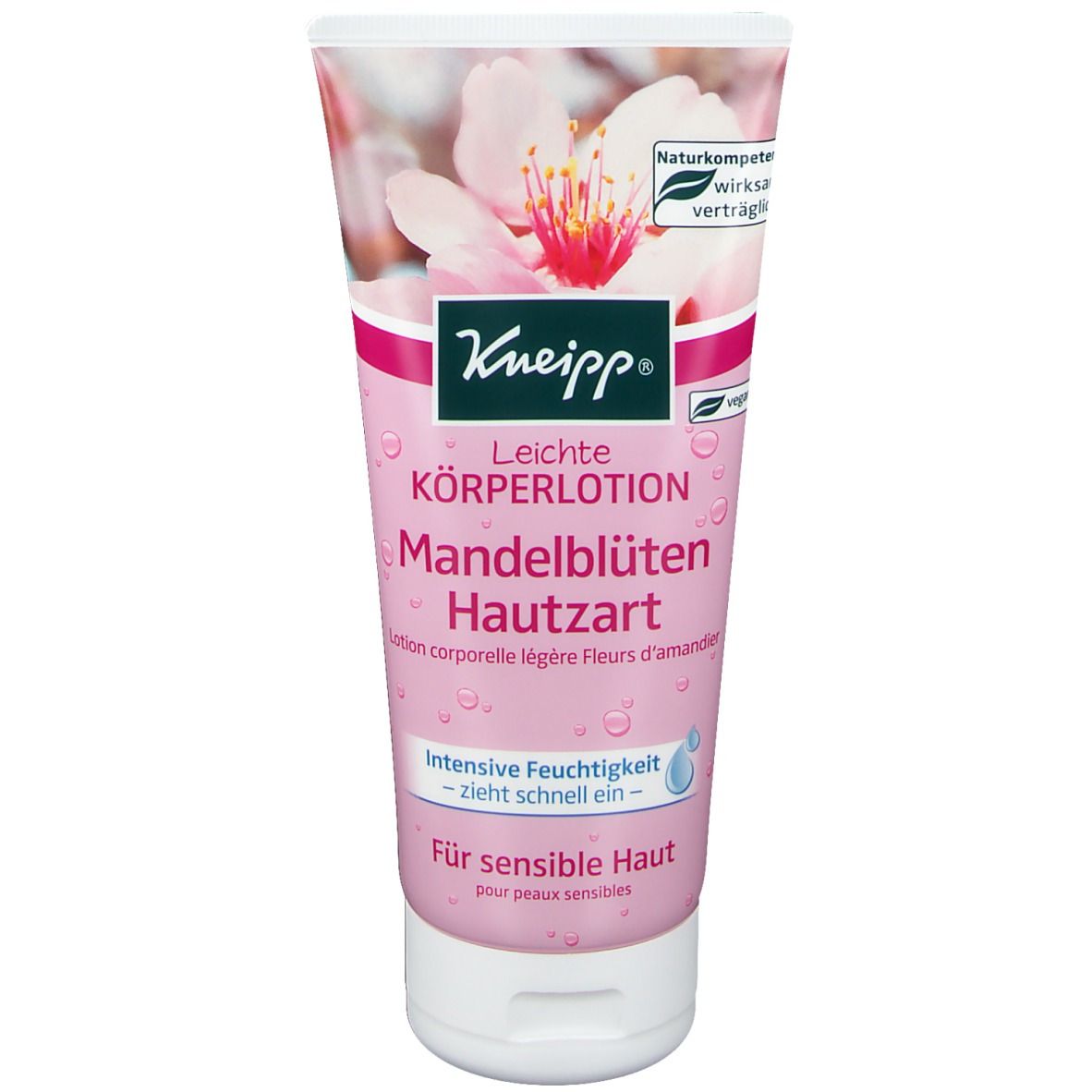 Tube rose Kneipp. Inscription 'Leichte Körperlotion Mandelblüten Hautzart'. Label cosmétiques naturels.