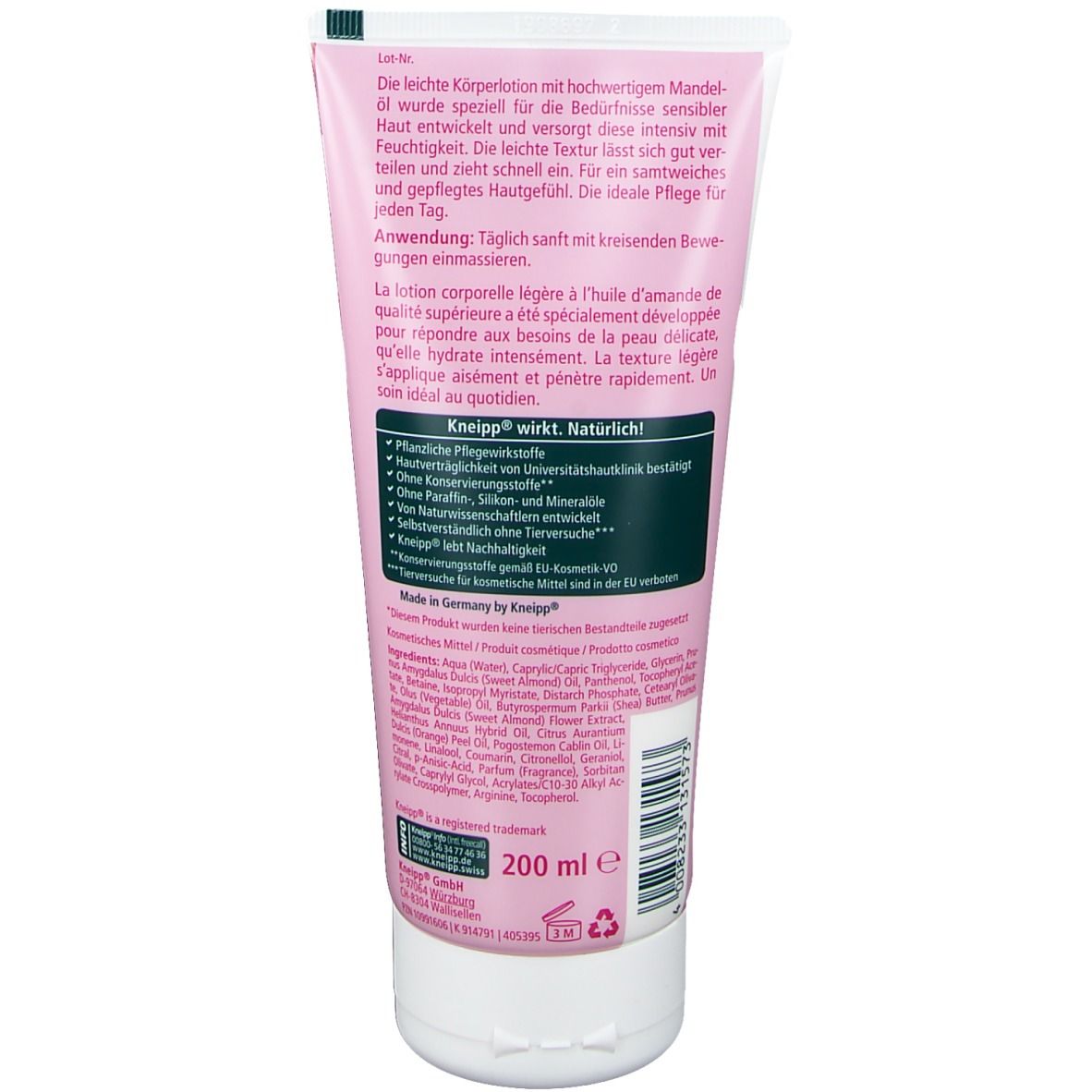 Dos du tube rose. Informations textuelles, ingrédients, informations fabricant et indication de volume 200 ml.