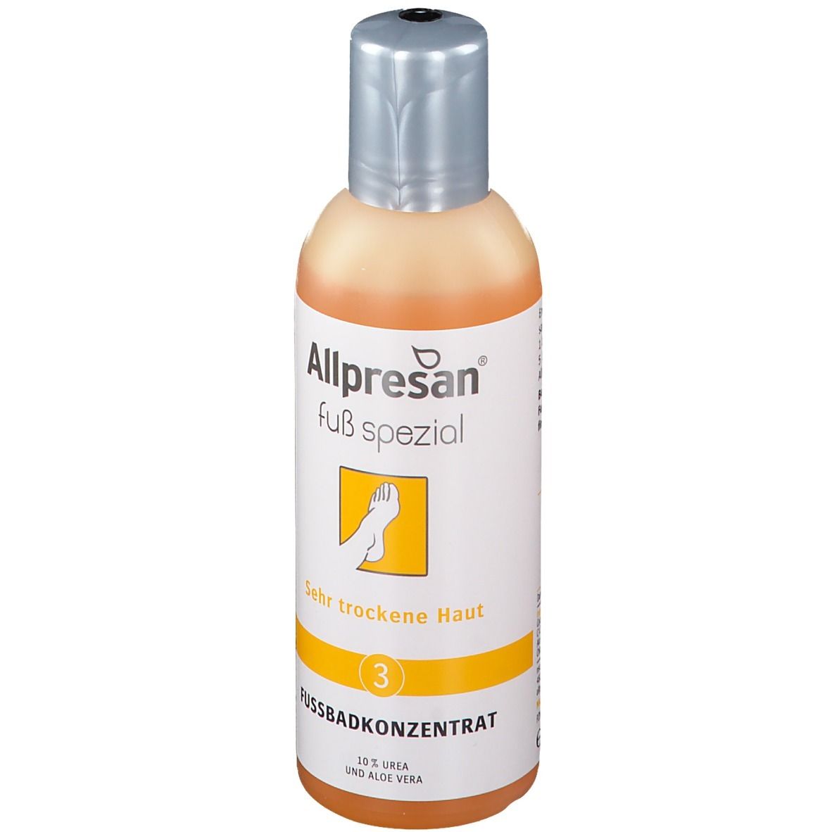Flacon Allpresan Fuß spezial Nr. 3, concentré pour bain de pieds. Liquide orange, bouchon argenté. Inscription: Peau très sèche.