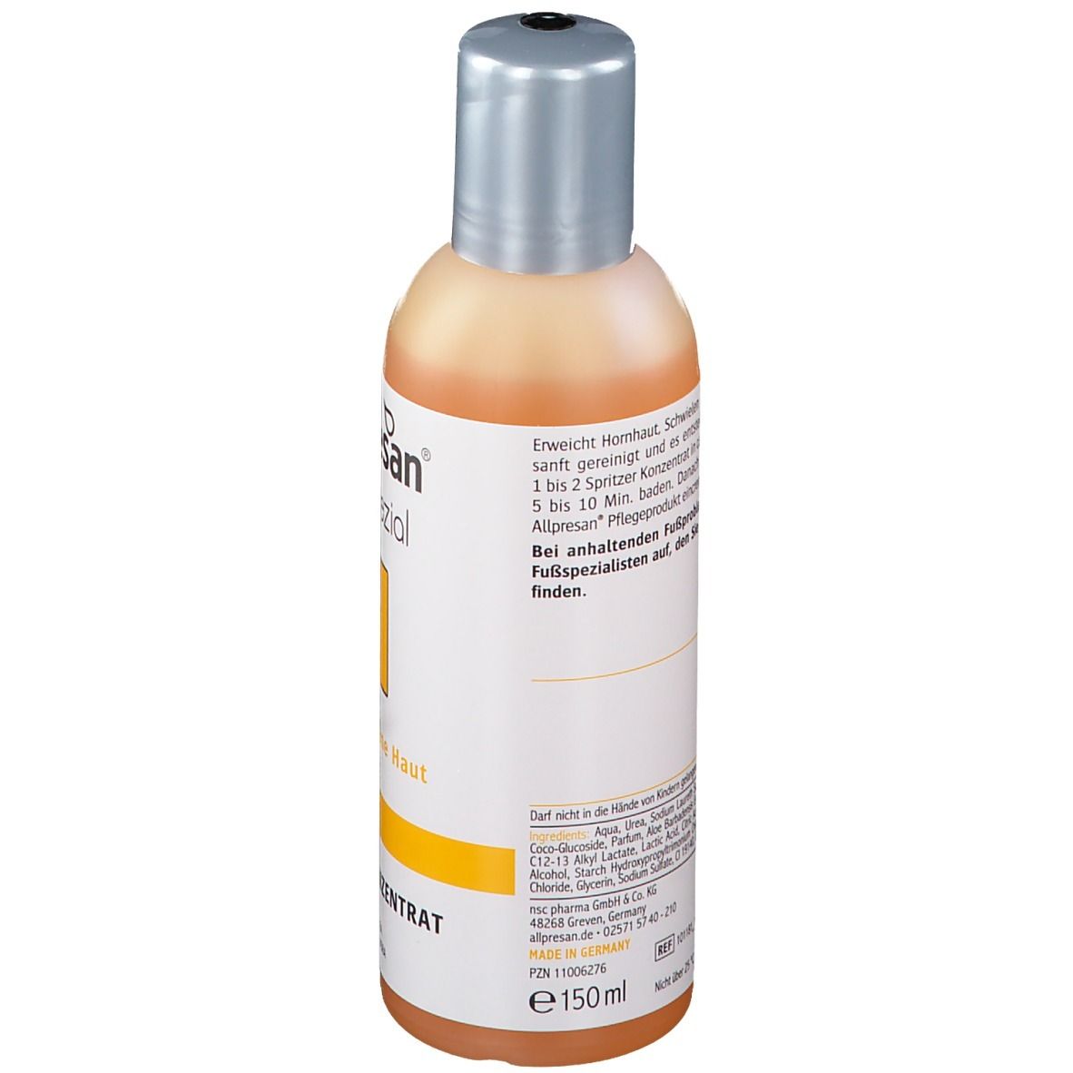 Flacon Allpresan Fuß spezial Nr. 3, concentré pour bain de pieds. Liquide orange, bouchon argenté. Inscription: Peau très sèche.