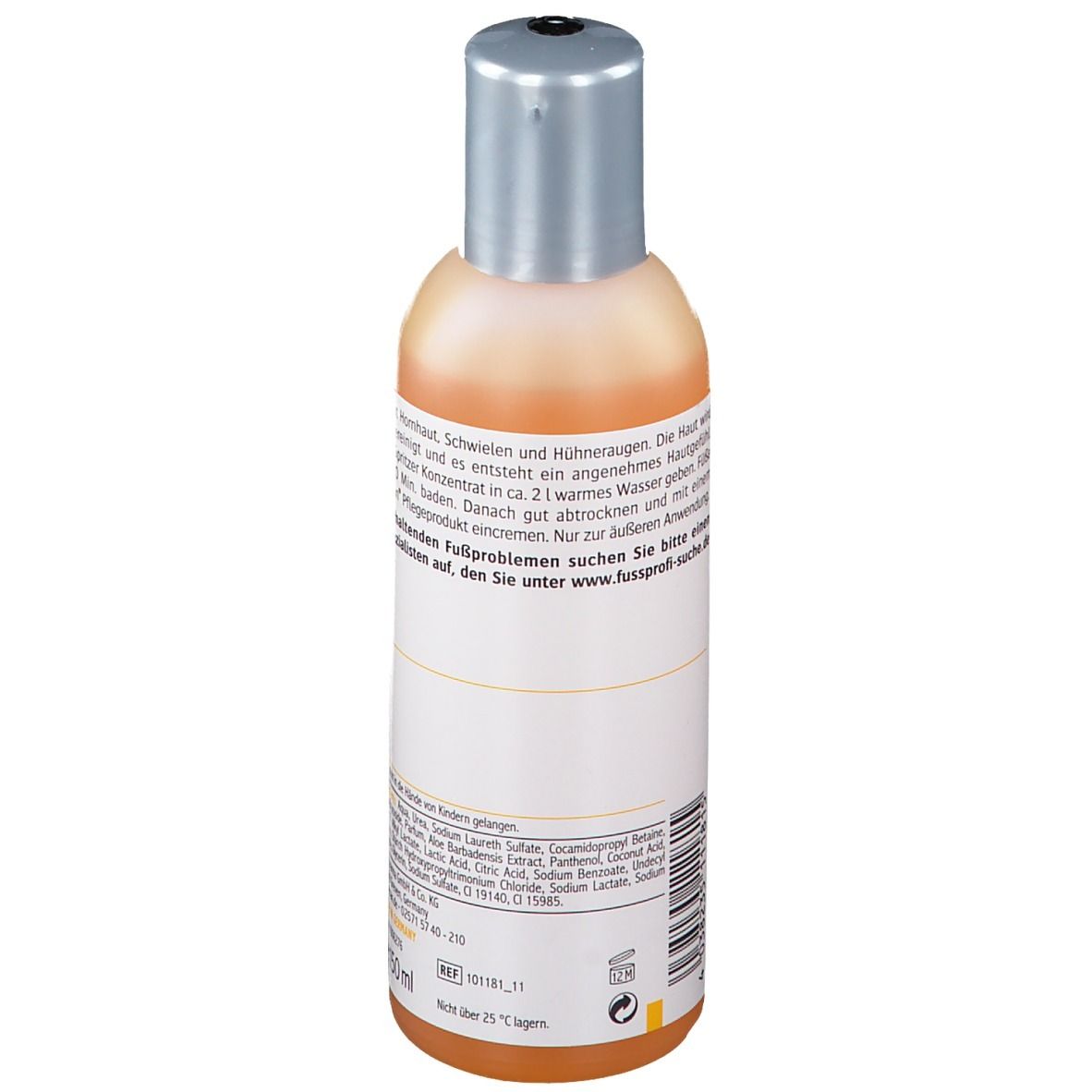 Flacon Allpresan Fuß spezial Nr. 3, concentré pour bain de pieds. Liquide orange, bouchon argenté. Inscription: Peau très sèche.